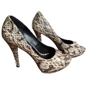 VERA WANG LAVENDER open toe black brown and cream snakeskin print heels Size 6.5